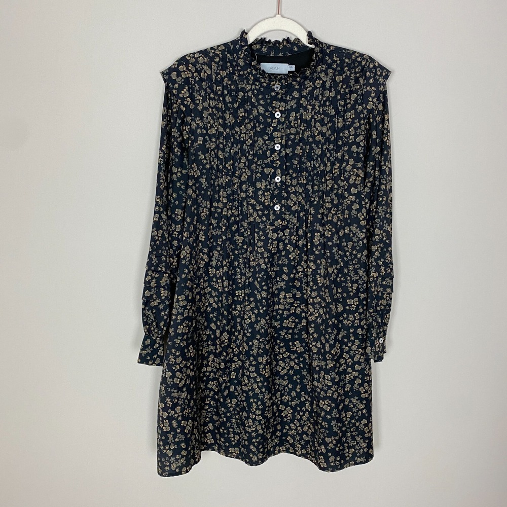 Greylin Floral Peasant Dress womens Large Black Long Sleeves Prairie Button